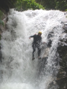 Canyoning near Merida, Venezuela; jumping down one of many water chutes.