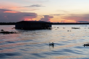 Sunset at Lake Maracaibo, Venezuela; the Catatumbo Lightning was seen where the clouds are